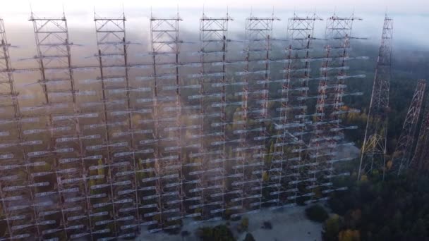 Aerial view of Duga radar in foggy weather in Chernobyl, Ukraine. — Wideo stockowe