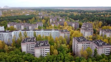 Çernobil sınırlama bölgesindeki terk edilmiş bir yerleşim bölgesinin hava görüntüsü.