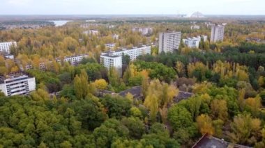 Çernobil yakınlarındaki radyoaktif bölgedeki terk edilmiş Sovyet evlerinin insansız hava aracı görüntüsü..