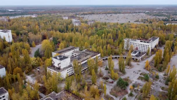 General view from the drone to Pripyat and a lot of trees between the houses. — 비디오