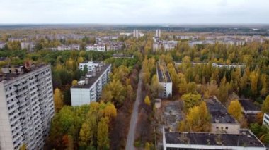 Pripyat 'taki Çernobil faciasının sonuçlarının insansız hava aracı görüntüsü.