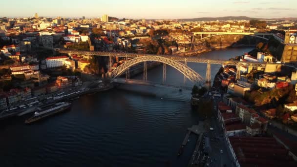 Drone view of Luis I Bridge in Porto with beautiful residential areas. — Wideo stockowe