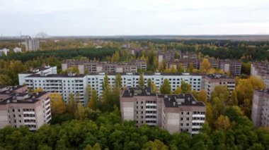 Terk edilmiş Çernobil evlerinin ağaçlarla kaplanmış insansız hava aracı görüntüsü..