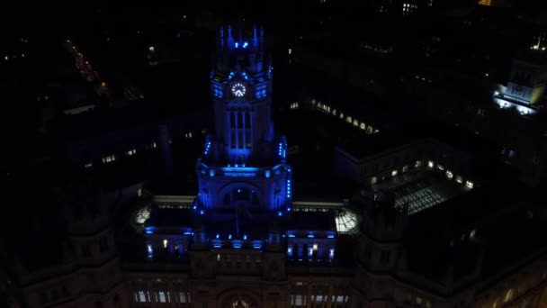 Drone view at night of the CentroCentro museum at night in blue illumination — Stockvideo