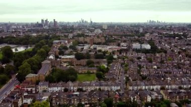 Aerial view of Balham near Clapham Common with skyscrapers in the background.