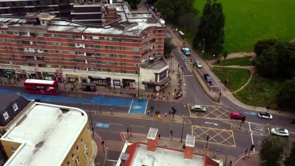 Dron view of Balham Hill in August with beautiful houses and double decker bus — 비디오