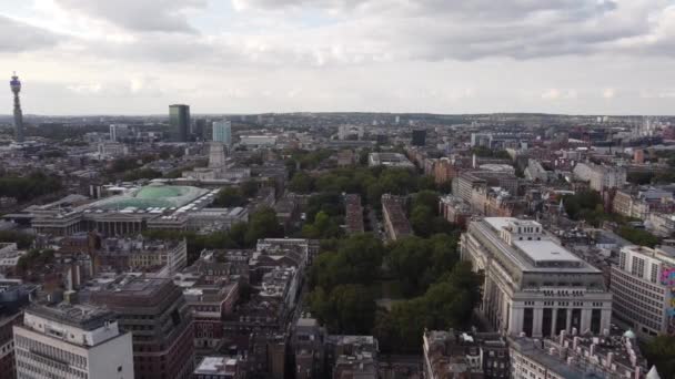 Drönare utsikt över en grön ö av träd i mitten av metropolen. — Stockvideo