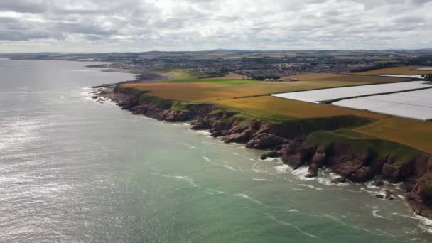 A drone view of the precipitous coast of the North Sea near the town of Arbroath — стокове відео