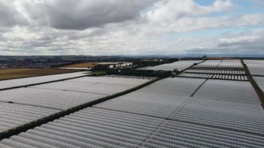 Birden fazla sera sırasının insansız hava aracı görünümü.