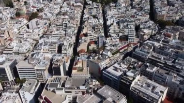 A drone view of the Greek quarters and the narrow streets between them in Athens