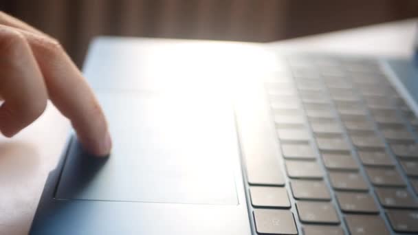 Hombre Trabaja Portátil Plata Usando Panel Táctil Teclado Cerca Del — Vídeo de stock