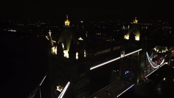 Drone Vista Vida Nocturna Tower Bridge Londres Principio Del Marco — Vídeos de Stock