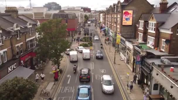 Drone View Small Street Cafes Restaurants Wimbledon London Shooting One — Vídeo de Stock