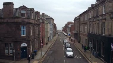 Drone footage of a narrow street in Arbroath, Scotland. Beautiful street in a small town in eastern Scotland.