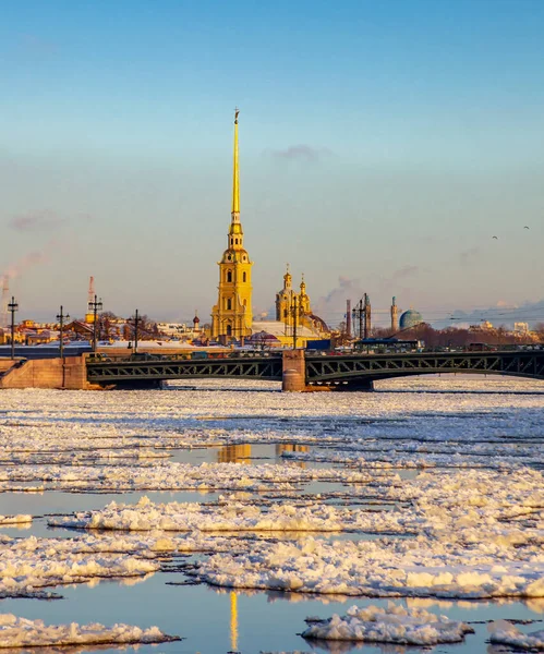 Зимний Городской Пейзаж Видом Дворцовый Мост Петропавловский Собор Речной Ландшафт — стоковое фото