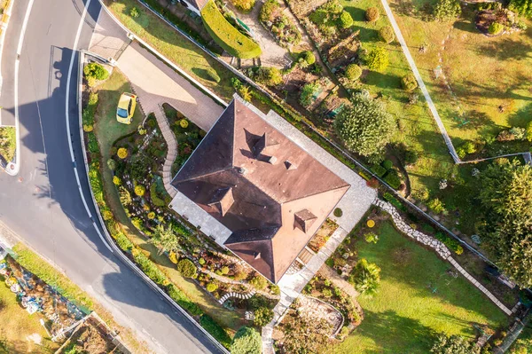 Aerial vertical view of a hamlet in Brive La Gaillarde, in Autumn, in New Aquitaine, Limousin, France