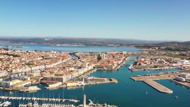 Flygfoto Panorama Över Marinan Och Kommersiella Hamnen Sete Sommardag Herault — Stockvideo