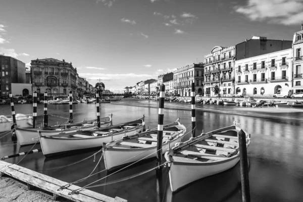 Barcos Típicos Sete Canal Real Preto Branco Sete Herault Occitanie — Fotografia de Stock