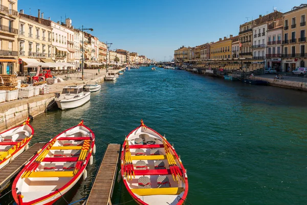 The royal canal on a sunny summer evening, with the typical boats, in Sete in Herault, Occitanie, France