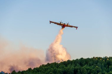 Canadaire trying to put out a fire in the garrigue in summer in Occitanie, France