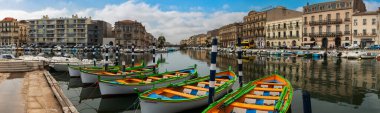 Typical Sete boats on the royal canal in Sete, Herault, Occitanie, France