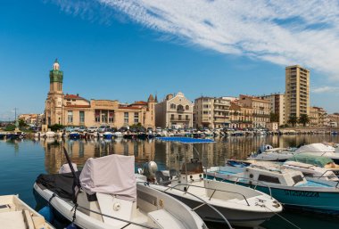 Panorama of the Peyrade canal and the consular palace in Sete, on a summer day, in Herault, Occitanie, France