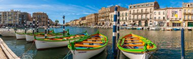 Typical Sete boats on the royal canal in Sete, Herault, Occitanie, France