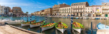 Typical Sete boats on the royal canal in Sete, Herault, Occitanie, France
