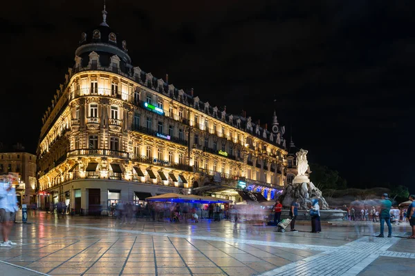 Comedy Square Its Classic Facades Fountain Three Graces Night Montpellier — Stock fotografie