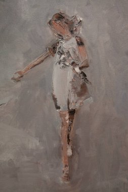  Pastırma yağı tekniğindeki resim kırıntısı, bir buket çiçekle caddede yürüyen ve elini sallayan harika bir kız. Yüzü olmadan..