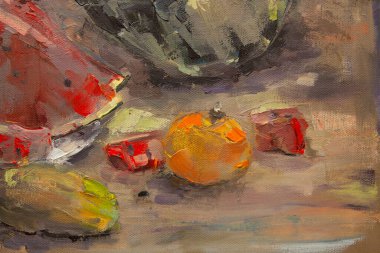 Kesik sulu bir karpuz ile, meyve ve sebzelerle, bir buket kır çiçeğiyle, pitoresk bir natürmort parçası, yağda, tuvalin üzerinde uyumlu bir kompozisyonda yapılır..