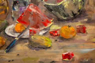 Kesik sulu bir karpuz ile, meyve ve sebzelerle, bir buket kır çiçeğiyle, pitoresk bir natürmort parçası, yağda, tuvalin üzerinde uyumlu bir kompozisyonda yapılır..