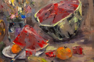 Kesik sulu bir karpuz ile, meyve ve sebzelerle, bir buket kır çiçeğiyle, pitoresk bir natürmort parçası, yağda, tuvalin üzerinde uyumlu bir kompozisyonda yapılır..