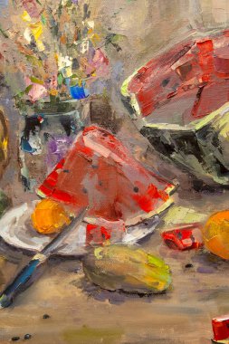 Kesik sulu bir karpuz ile, meyve ve sebzelerle, bir buket kır çiçeğiyle, pitoresk bir natürmort parçası, yağda, tuvalin üzerinde uyumlu bir kompozisyonda yapılır..