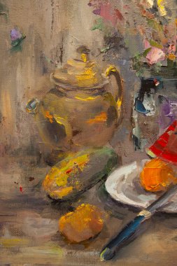 Kesik sulu bir karpuz ile, meyve ve sebzelerle, bir buket kır çiçeğiyle, pitoresk bir natürmort parçası, yağda, tuvalin üzerinde uyumlu bir kompozisyonda yapılır..