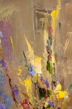 Kesik sulu bir karpuz ile, meyve ve sebzelerle, bir buket kır çiçeğiyle, pitoresk bir natürmort parçası, yağda, tuvalin üzerinde uyumlu bir kompozisyonda yapılır..