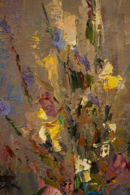 Kesik sulu bir karpuz ile, meyve ve sebzelerle, bir buket kır çiçeğiyle, pitoresk bir natürmort parçası, yağda, tuvalin üzerinde uyumlu bir kompozisyonda yapılır..