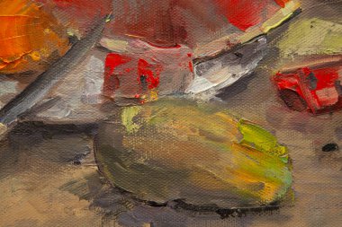 Kesik sulu bir karpuz ile, meyve ve sebzelerle, bir buket kır çiçeğiyle, pitoresk bir natürmort parçası, yağda, tuvalin üzerinde uyumlu bir kompozisyonda yapılır..