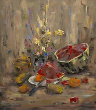 Kesik sulu bir karpuz, meyve ve sebzeler ve bir buket kır çiçekleri ile pitoresk bir hayat, tuvalde yağlı bir kompozisyonda yapılır..