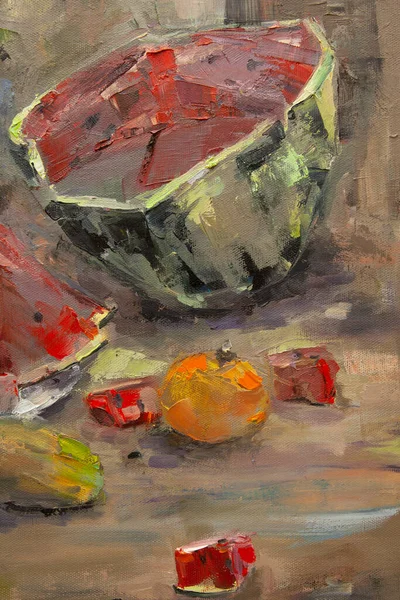 Egy Festői Csendélet Szilánkja Egy Szeletelt Lédús Görögdinnyével Gyümölcsökkel Zöldségekkel — Stock Fotó