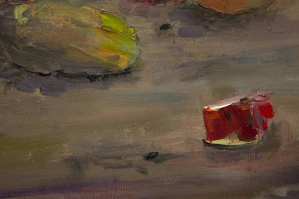 Kesik sulu bir karpuz ile, meyve ve sebzelerle, bir buket kır çiçeğiyle, pitoresk bir natürmort parçası, yağda, tuvalin üzerinde uyumlu bir kompozisyonda yapılır..