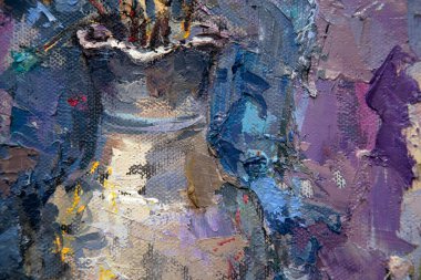 Bulaşık, elma ve güllerle dolu natürmort bir hayat. Tuvale yağlı boya..