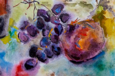 Şişe, kalıp, armut, üzüm ve nar içeren bir tabaktan oluşan durgun bir hayatın parçası. Çok renkli kumaş hormonu natürmortu tamamlar, tamamlar. Suluboya boyayla boyanır..