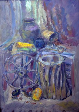 Resmedilmeye değer natürmortta antika nesneler vardır: bir ahşap tekerlek, bir kütük, bir demlik, bir çaydanlık, bir kepçe, sebze, böğürtlen, simit, mısır, yeşil biber, bir elma. Yağlı boya..