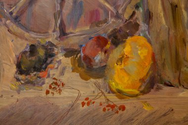 Resmedilmeye değer natürmort bir hayatın parçası antik nesneler içerir: bir ahşap tekerlek, bir kütük, bir tencere, bir çaydanlık, bir kepçe, sebze, böğürtlen, simit, mısır, yeşil biber, bir elma. Yağlı boya..