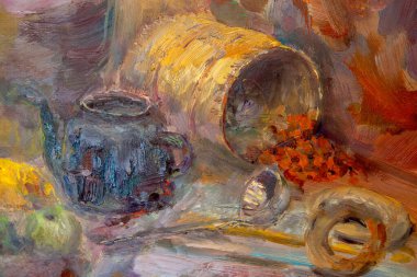 Resmedilmeye değer natürmort bir hayatın parçası antik nesneler içerir: bir ahşap tekerlek, bir kütük, bir tencere, bir çaydanlık, bir kepçe, sebze, böğürtlen, simit, mısır, yeşil biber, bir elma. Yağlı boya..