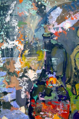 Resimli bir natürmort parçasının soyutlama notalarıyla uyumlu bir şekilde dizilmiş hali vardır: içinde kız resimleri olan bir tabak, bir şarap şişesi, üzüm, nar, armut, geometrik şekiller..