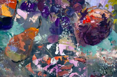 Resimli bir natürmort parçasının soyutlama notalarıyla uyumlu bir şekilde dizilmiş hali vardır: içinde kız resimleri olan bir tabak, bir şarap şişesi, üzüm, nar, armut, geometrik şekiller..