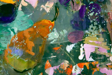 Resimli bir natürmort parçasının soyutlama notalarıyla uyumlu bir şekilde dizilmiş hali vardır: içinde kız resimleri olan bir tabak, bir şarap şişesi, üzüm, nar, armut, geometrik şekiller..