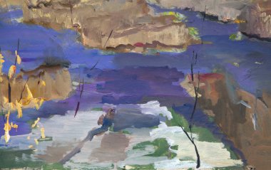 Resmedilmeye değer bir bahar şehri. Ön planda, arka plandaki evlerde erimiş buz yerine, kıyılar boyunca çıplak ağaçlar ve kurumuş sazlıklar olan bir nehir var..